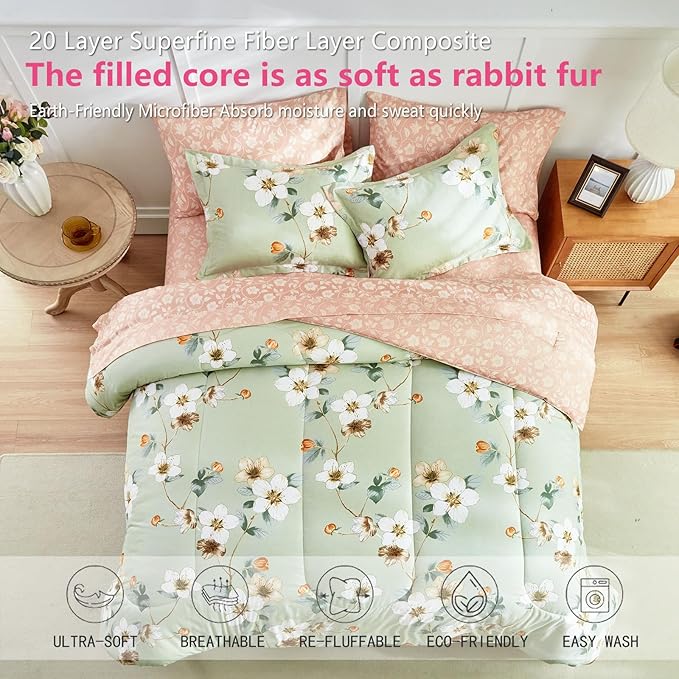 AIKASY 6 Piece Floral Comforter Set Twin Size - Soft Microfiber Bed in a Bag with Sheet Set for All Seasons - Green Flower Botanical Design - Reversible Bedding Set
