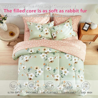 AIKASY 7 Piece Floral Comforter Set Queen Size - Soft Microfiber Bed in a Bag with Sheet Set for All Seasons - Green Flower Botanical Design - Reversible Bedding Set