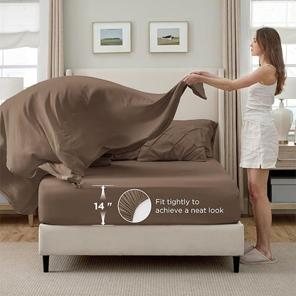 Bedsure California King Comforter Set Brown - Bed in a Bag Cal King Bedding Set 7 Pieces, GentleSoft™ Pintuck Bed Set Gift for Family, Pinch Pleat Brown Comforter with Sheets, Pillowcases & Shams