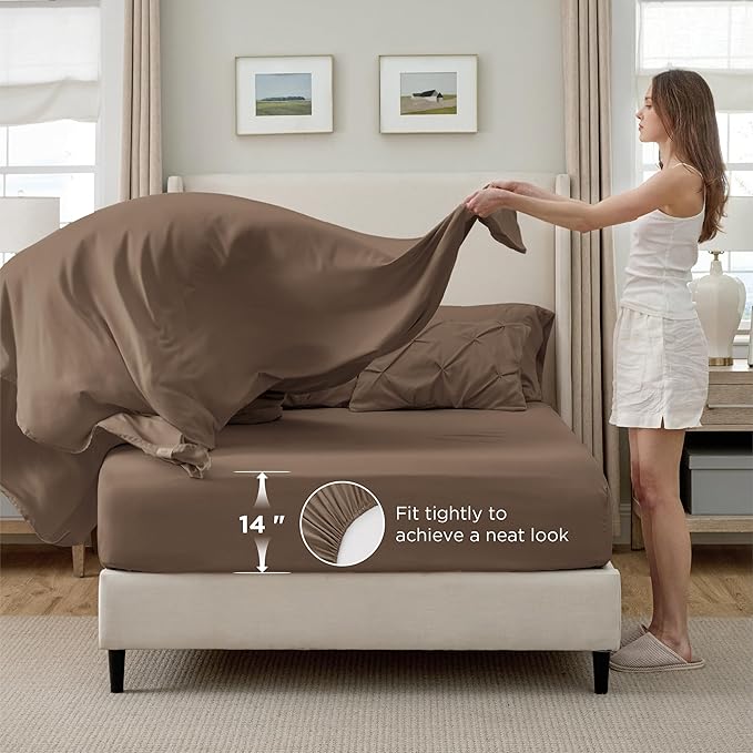 Bedsure Twin Comforter Set Brown - Bed in a Bag Twin Size Bedding 5 Pieces, GentleSoft™ Pintuck Bed Set Gift for Family, Pinch Pleat Brown Comforter with Sheets, Pillowcase & Sham