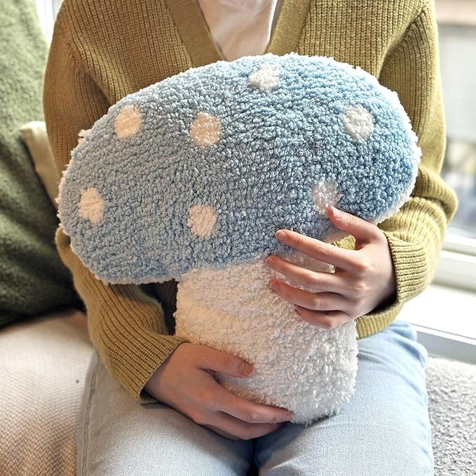 Mushroom Throw Pillow Tufted Decorative Cushion 15” x 15” – Decor for Bed, Couch, Living Room (Blue)