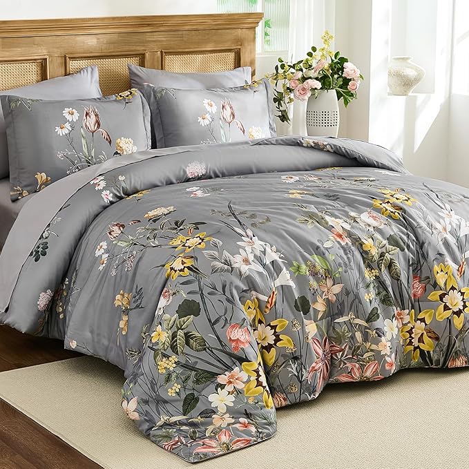 WONGS BEDDING King Comforter Set 7 Piece, Grey Floral Bed in a Bag Bedding Set with Botanical Flowers Patterns, Soft Lightweight Complete Comforters with Sheets for All Season