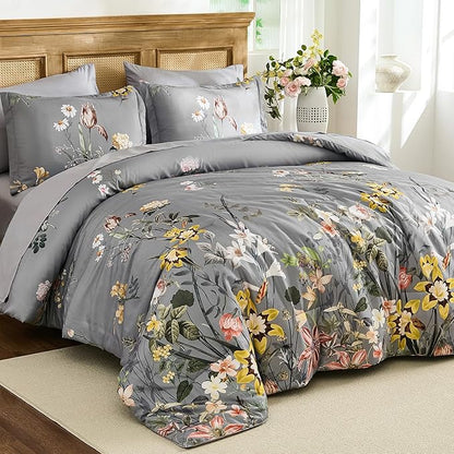 WONGS BEDDING King Comforter Set 7 Piece, Grey Floral Bed in a Bag Bedding Set with Botanical Flowers Patterns, Soft Lightweight Complete Comforters with Sheets for All Season