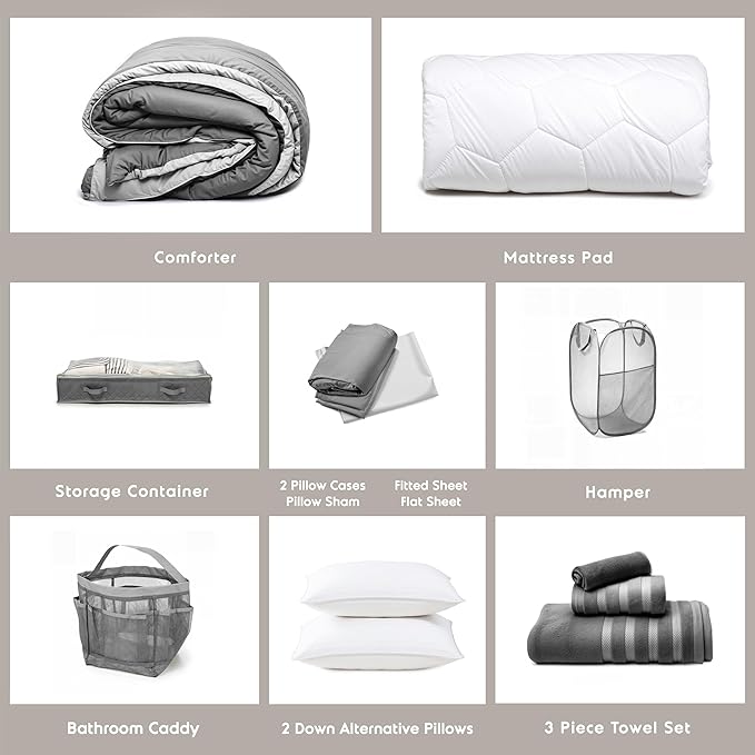 Hearth & Harbor Complete Dorm Room Set, Twin XL Comforter Set, Sheet Set, Pillows, Mattress Protector, Towels and Organizers - All Dorm Accessories Included