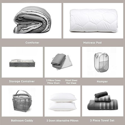 Hearth & Harbor Complete Dorm Room Set, Twin XL Comforter Set, Sheet Set, Pillows, Mattress Protector, Towels and Organizers - All Dorm Accessories Included