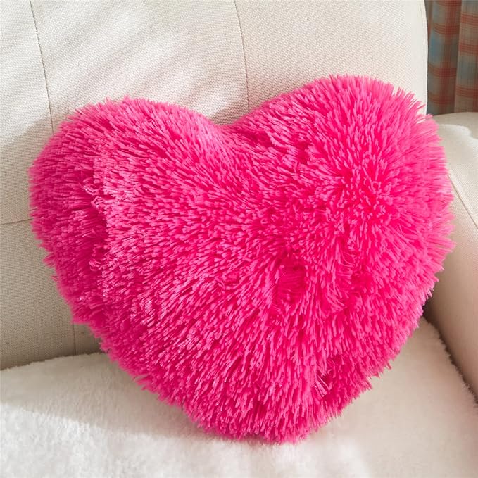 MOOWOO Fluffy Faux Fur Heart Throw Pillow for Valentine's,Mothers Day,Sherpa Plush Fluffy, Solid Color, Heart Shape Pillow for Girls,Hot Pink Love Throw Pillow (Rose Red)