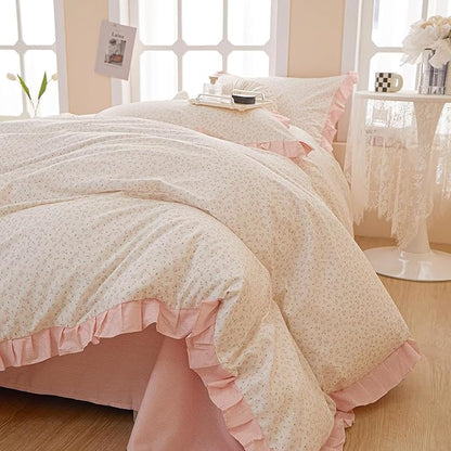 HighBuy Pink Flower Comforter Set Full with Lace Edge Ruffles Coquette Bedding Comforter Fluffy for Teen Girls Reversible Stripes Comforter Set Lightweight Princess Chic Comforter Sets