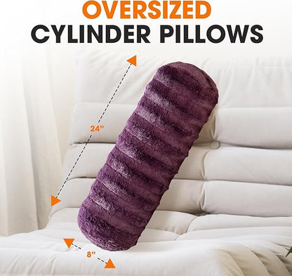 Cheer Collection Faux Fur Bolster Pillows – Soft Decorative Cylinder Pillows for Bed or Couch, Machine Washable – 8” x 24”, Set of 2, Purple