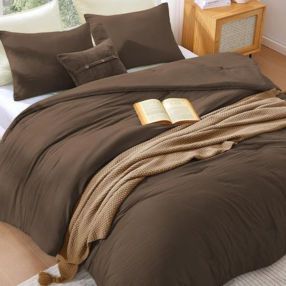 WRENSONGE Full Size Comforter Sets - 3 Pieces Chocolate Brown Comforter Prewashed Soft Lightweight for All Seasons, Fluffy Down Alternative Comforter Full Size with 2 Pillow Shams