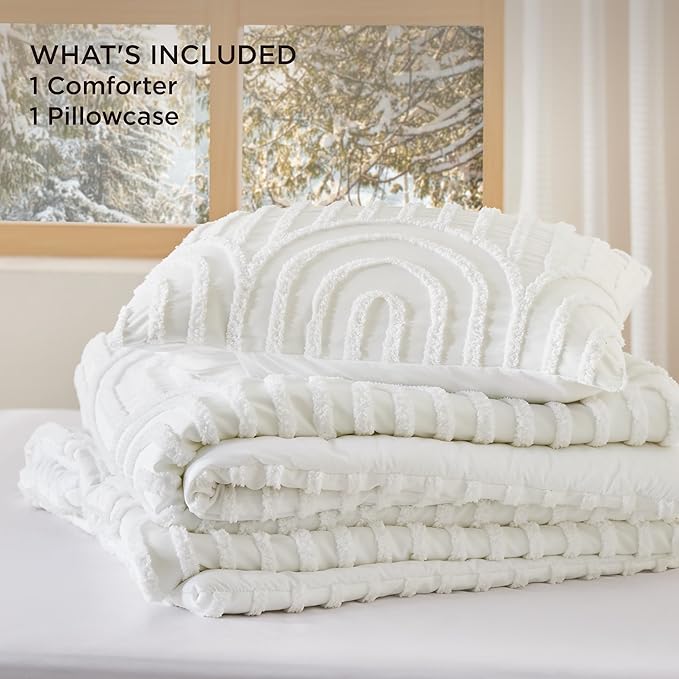 Bedsure Boho Tufted White Twin/Twin XL Comforter, GentleSoft™ 2 Pieces Boho Farmhouse Decor Bedding, Arch Shabby Chic Bedding for All Seasons, 1 Bed Comforter, 1 Pillow Shams, 68x88 Inches
