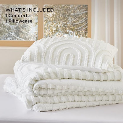 Bedsure Boho Tufted White Twin/Twin XL Comforter, GentleSoft™ 2 Pieces Boho Farmhouse Decor Bedding, Arch Shabby Chic Bedding for All Seasons, 1 Bed Comforter, 1 Pillow Shams, 68x88 Inches