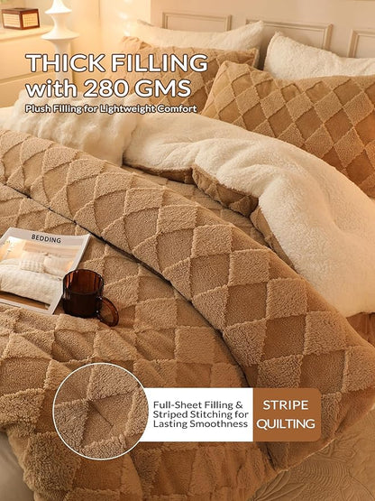 Tufted Fleece Comforter Set King - Super Soft Warm Fluffy Shaggy Bedding Sets, Diamond Plaid Jacquard Bed Set for Winter, 1 Sherpa Comforter with 2 Pillow Cases (104"X90" Beige)
