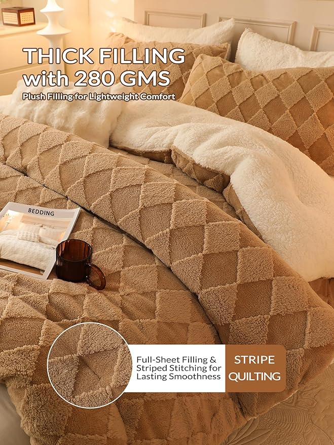 Tufted Fleece Comforter Set Queen - Super Soft Warm Fluffy Shaggy Bedding Sets, Diamond Plaid Jacquard Bed Set for Winter, 1 Sherpa Comforter with 2 Pillow Cases (90"X90" Beige)