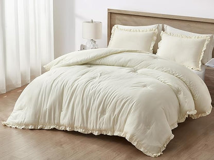 Chezmoi Collection Nora Ivory Comforter Set Oversized Queen 3-Piece Lightweight Soft Stone-Washed Ruffled Shabby Chic Bedding for All Season
