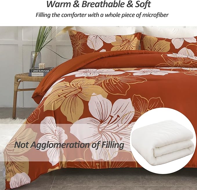 Menghomeus Burnt Orange Comforter Set Queen Gold Floral Comforter Terracotta Botanical Bedding Sets Soft Microfiber Thanksgiving Bed Comforter Set for All Season (1 Comforter, 2 Pillowcases)