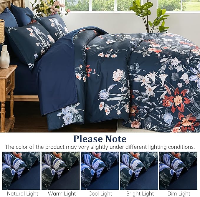 WONGS BEDDING King Comforter Set 7 Piece, Navy Blue Floral Bed in a Bag Bedding Set with Botanical Flowers Patterns, Soft Lightweight Complete Comforters with Sheets for All Season