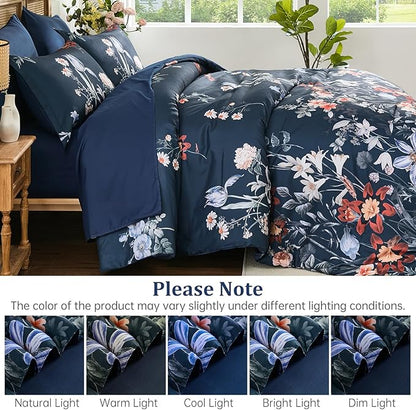 WONGS BEDDING Queen Comforter Set 7 Piece, Navy Blue Floral Bed in a Bag Bedding Set with Botanical Flowers Patterns, Soft Lightweight Complete Comforters with Sheets for All Season