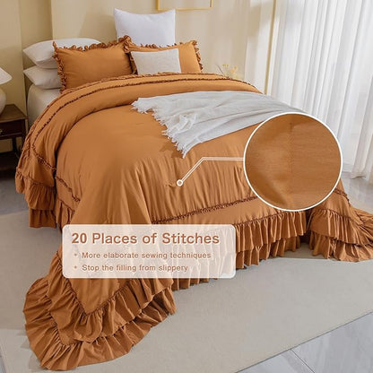 Masaca 120x120 Oversized King Comforter,Farmhouse Shabby Boho Chic Pumpkin Ruffle California King Comforter Set French Country Rustic Bedding 3PCS (1 Ruffled Comforter+2 Pillow Shams)