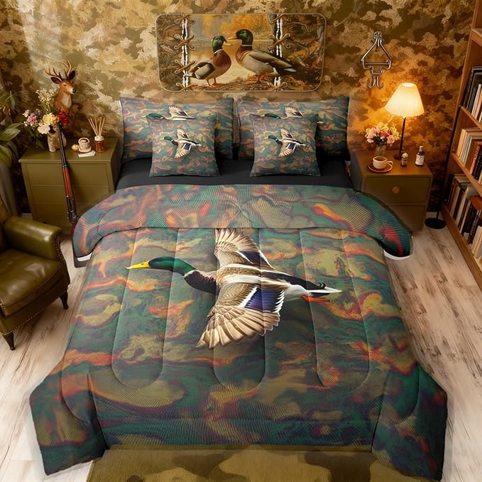 Erosebridal Mallard Duck Full Size Bed Sheets and Comforter Set | Duck Camo 7-Piece Bedding Set Mens Country Bed in a Bag, Farmhouse Woodland Animals Bed Sets,Abstract Camouflage Cabin Hunting Decor