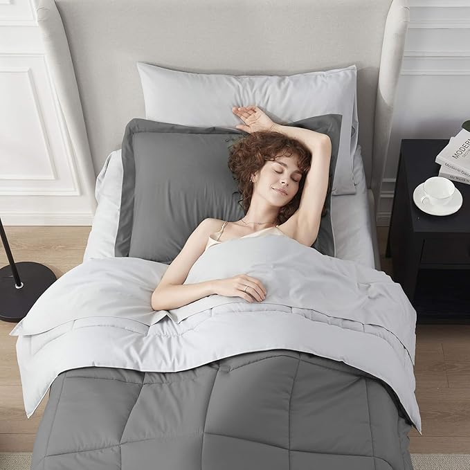 Nestl 5 Piece Twin XL Comforter Set – Grey Reversible Bed in a Bag – Complete Twin XL Size Bedding Set with Sheets, Pillowcase and Sham
