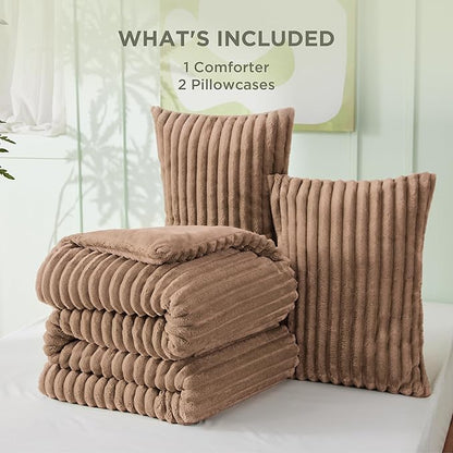 Bedsure King Size Comforter Set - GentleSoft™ 3 Pieces Fluffy Double-Side Fleece Comforter Set, Cozy Striped Room Decor Aesthetic, Luxury Taupe King Bedding with 2 Pillowcases, 104x90 Inches