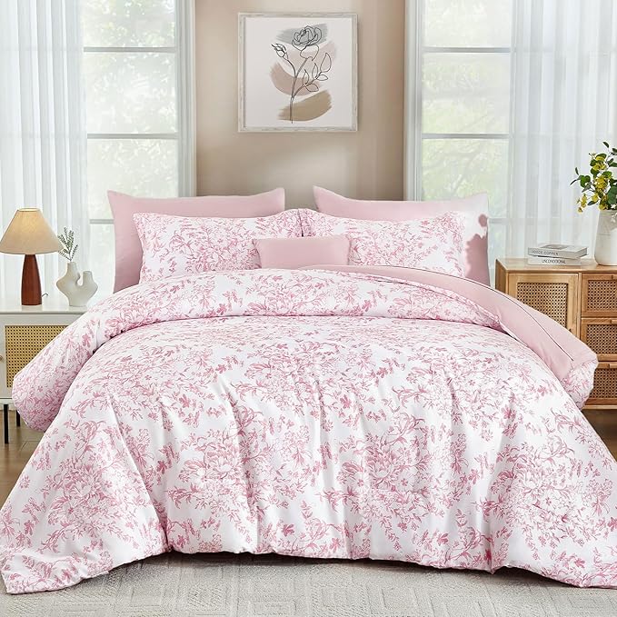 WONGS BEDDING King Size Comforter Set, 8 Pieces Pink Floral Bed in a Bag Comforter Sets, Botanical Print Soft Fluffy Microfiber Complete Bedding Sets for All Season (90"x104")