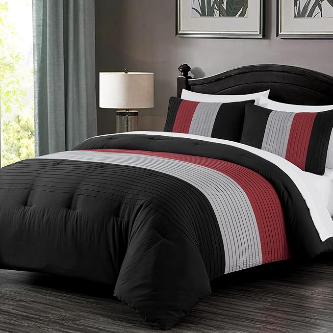 Chezmoi Collection Briar 7-Piece California King Bed in a Bag - All Season Lightweight Microfiber Comforter Set - Includes Sheets & Shams - Red/Black/Gray Pleated Stripe Design