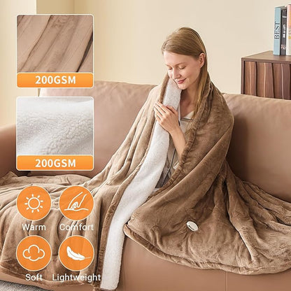 Electric Heated Blanket Throw Size 50''x60'' Soft Flannel & Sherpa Electric Blanket with 10 Heating Levels, Automatically Shut Down After 8h with Overheat Protection Machine Washable