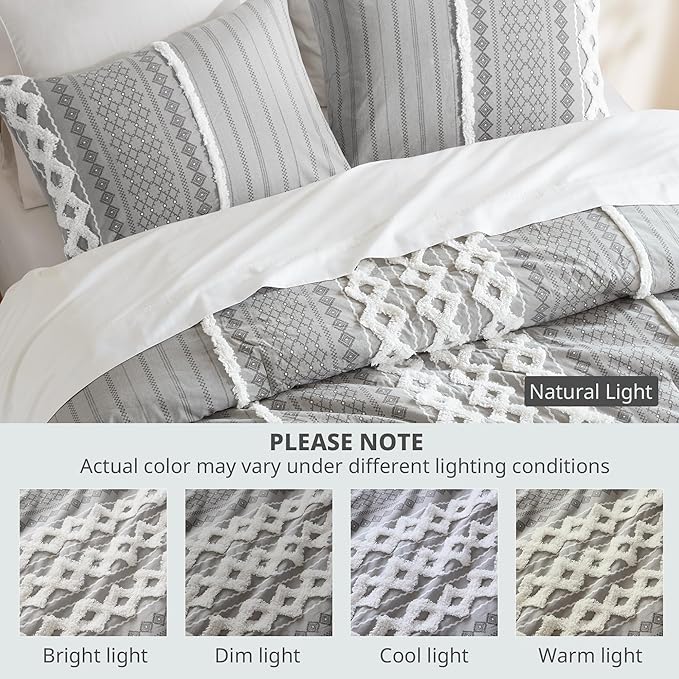INK+IVY Comforter for Queen Size Bed, Chenille Tufted, Breathable Cotton Comforter Set Queen, All Season Modern Boho Comforter with Farmhouse Bedding Flare, 2 Matching Shams, Queen Gray 3 Piece