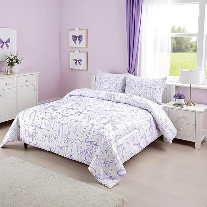 Purple Bowknots Bedding Set King Size,Cartoon Hand Drawn Stars Love Bow Comforter Set,Kawaii Princess Style Quilt Set for Kids Girls Women Teens Room Decor,Romantic Duvet Insert,2 Pillowcases