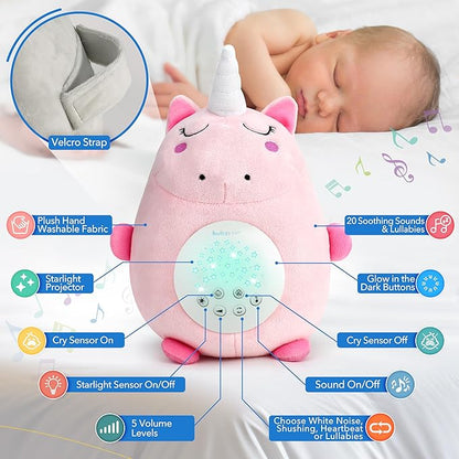 Bubzi Co Sound Machine, Portable Unicorn Soother & Night Light Projector, Comforting Electronic Infant Toddler Sleep Aid & Shush with White Noise