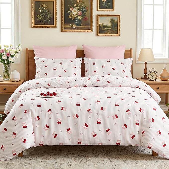 Nayoroom Pink Striped Bow Comforter Set Queen Size Red Cherry Comforter 3 Pieces Soft Lightweight Girls Cute Aesthetic Dorm Bedding Set for All Seasons