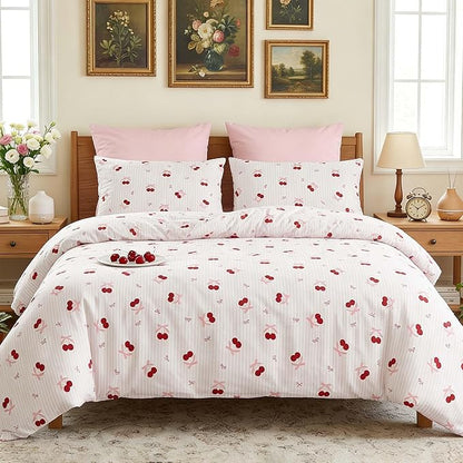 Nayoroom Pink Striped Bow Comforter Set Queen Size Red Cherry Comforter 3 Pieces Soft Lightweight Girls Cute Aesthetic Dorm Bedding Set for All Seasons