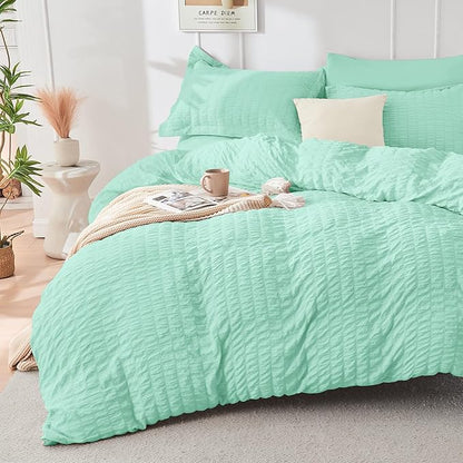 HYMOKEGE Mint Green California King Comforter Set Seersucker 7 Pieces, All Season Luxury Bed in a Bag for Bedroom, Bedding Set with Comforter, Sheets, Pillowcases & Shams