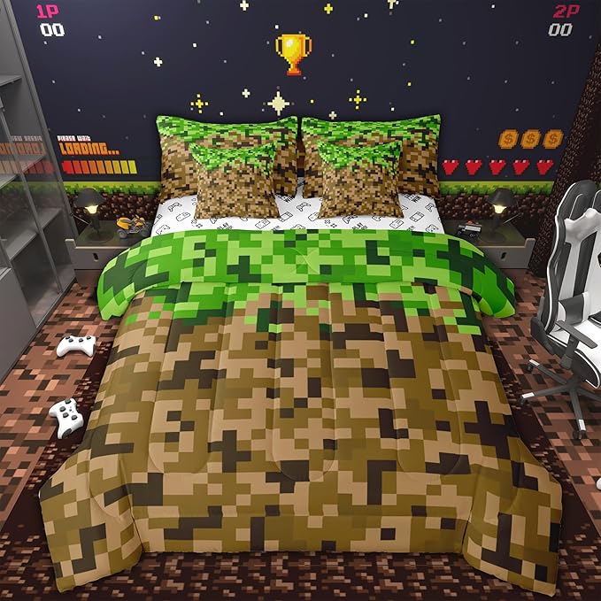 Miner Style Square Grid 7Pcs Comforter Set Queen Size,Brown Green Army Camo Bedding Set for Kids Boys Teens Men Room Decor,Cartoon Gamepad Reversible Bed in a Bag Pixelated Games Flat Fitted Sheet