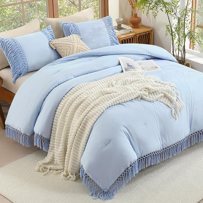Andency Queen Comforter Set Light Blue, 3 Pieces Boho Lightweight Fall Bedding Comforter Sets, Tassel Bed Set (90x90In Comforter & 2 Pillowcases)