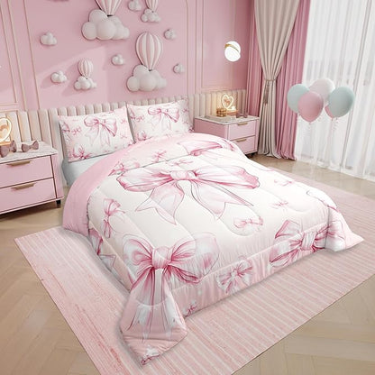 Erosebridal Pink Bow Girls Toddler Bedding Set Kawaii Bowknot Comforter Set for Kids Teen Women Bedroom Decor,Glitter Bow Bedding Comforter Sets Dreamy Princess Bowknot Quilt Duvet 1 Pillow Case
