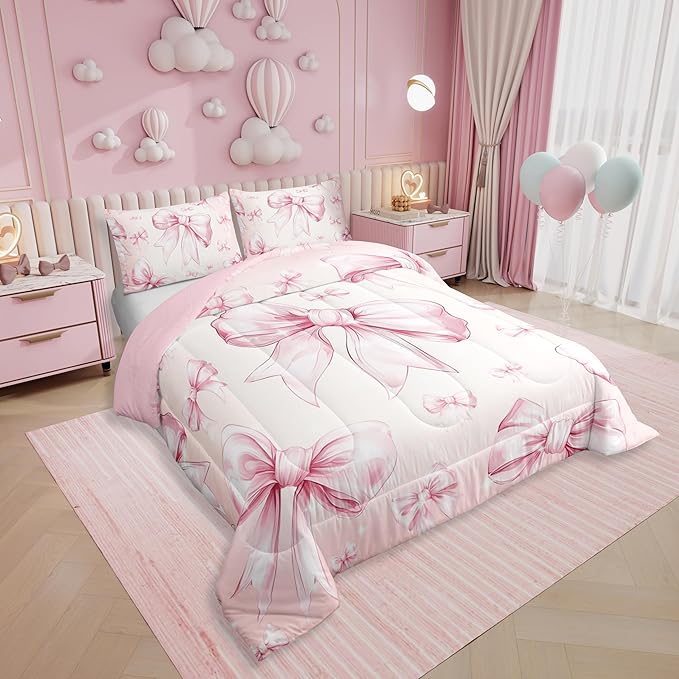 Erosebridal Pink Bow Girls King Bedding Set Kawaii Bowknot Comforter Set for Kids Teen Women Bedroom Decor,Glitter Bow Bedding Comforter Sets Dreamy Princess Bowknot Quilt Duvet 2 Pillow Cases