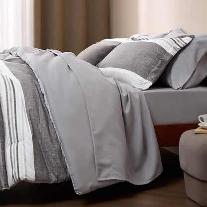 Bedsure King Comforter Set 7 Pieces, Frost Grey Striped Bedding Set for All Seasons, Reversible, Cationic Dyeing Bed in a Bag with Comforter, Sheets, Pillowcases & Shams