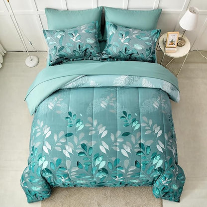 Anibedding Aqua Comforter Set King Size, 7 Pieces Botanical Leaves Reversible Soft Microfiber Bed in a Bag with Sheets Set for All Season (104"x90")