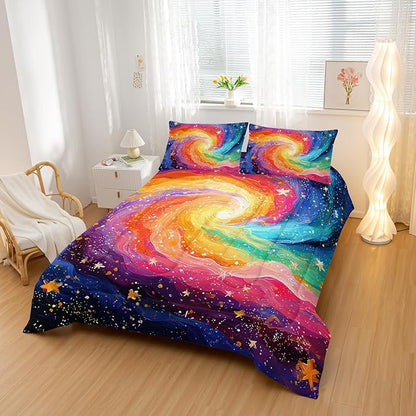 Rainbow Starry Sky Pattern Comforter Modern Abstract Comforter Set,Rainbow Starry Sky Bedding Set Twin Size,Mordern Art Decor All Season Lightweight Soft Microfiber with 2 PillowShams