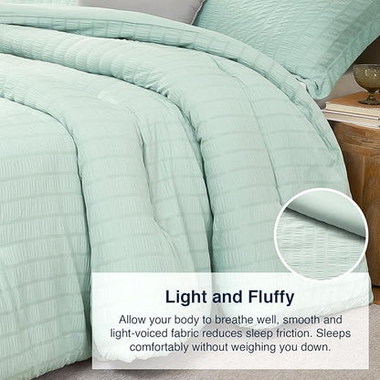 Sage Green Queen Comforter Set - 3 Pieces Seersucker Lightweight Bedding Comforter Sets (1 Soft Fluffy Comforter & 2 Pillowcases) - All Seasons Cozy Rustic Bed Sets for Women Men