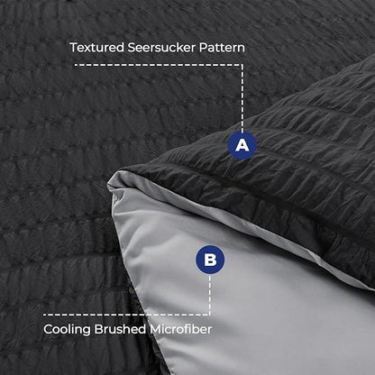 HYMOKEGE Black/Light Grey Queen Comforter Set Seersucker 7 Pieces, All Season Luxury Bed in a Bag Queen for Bedroom, Bedding Set with Comforter, Sheets, Pillowcases & Shams