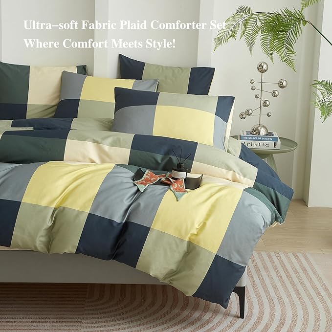 mixinni Queen Comforter Set Men Boys Geometric Checkered Plaid Pattern Bedding Comforter for All Season Soft Lightweight Bedding Set-(Queen Size, Green,Yellow,Khaki)