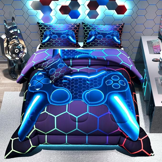 Namoxpa6 Pieces Gamer Comforter Sets for Boys Kids,3D Blue Pattern,Decorative 6 Piece Bedding Sets with Comforter,Flat Sheet,Fitted Sheet,Throw Pillow Cover,Pillow Shams,Twin Size
