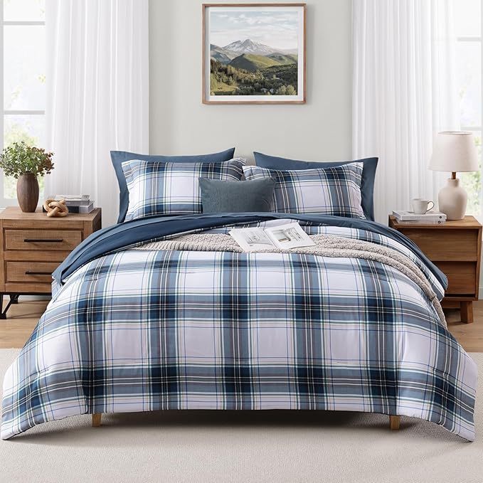 MaiRêve Queen Size Plaid Comforter Set Blue White, Classic 7 Pieces Farmhouse Bedding Set, All Season Lightweight Bed in A Bag with Sheets, Pillowcases & Shams