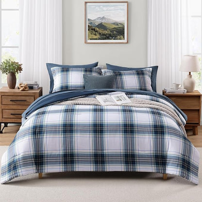 MaiRêve Queen Size Plaid Comforter Set Blue White, Classic 7 Pieces Farmhouse Bedding Set, All Season Lightweight Bed in A Bag with Sheets, Pillowcases & Shams