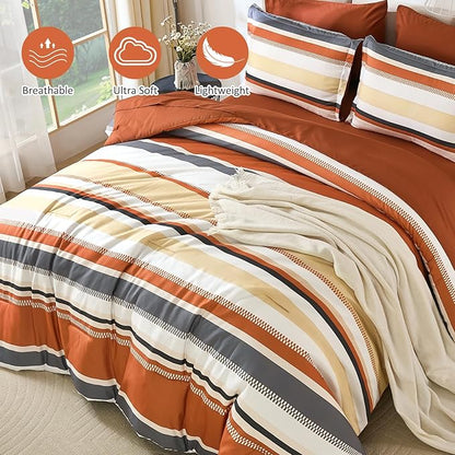 WONGS BEDDING King Size Comforter Set, 7 Pieces Bed in a Bag Orange Bed Set, Soft Boho Striped Bedding Sets with Sheets, Pillowcases & Shams