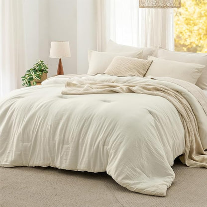 Bedsure Oversized Queen Comforter Set, Ivory Soft Prewashed Bedding for All Seasons, 3 Pieces GentleSoft™ Bed Set, 1 Lightweight Comforter (98"x98") and 2 Pillowcases (20"x26")