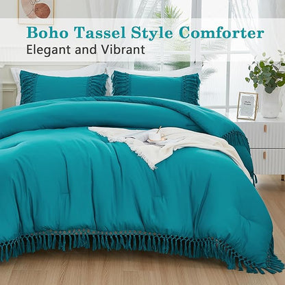 Andency Turquoise Full Size Comforter Set, 3 Pieces Boho Tassel Lightweight Soft Bedding Comforter Sets, All Season Fluffy Fringe Bed Set (79x90In Comforter & 2 Pillowcases)